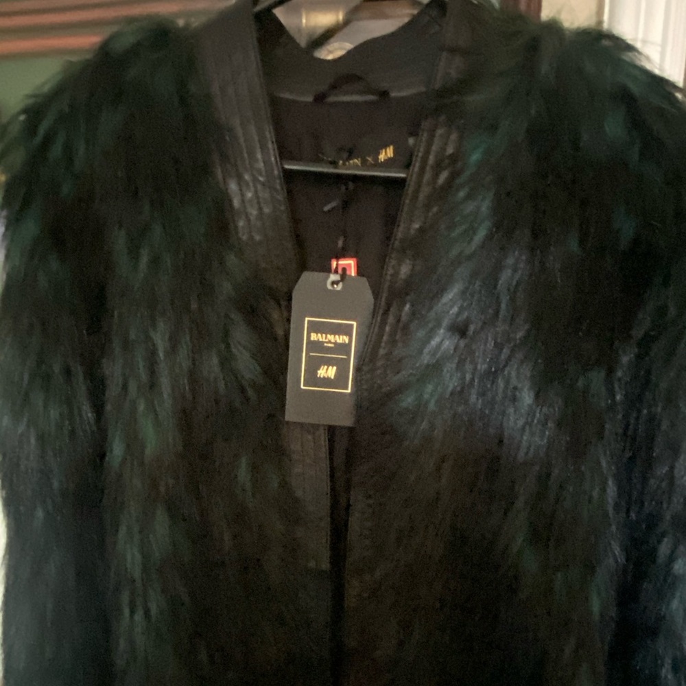 Balmain x H&M jacket faux fur emerald jacket.